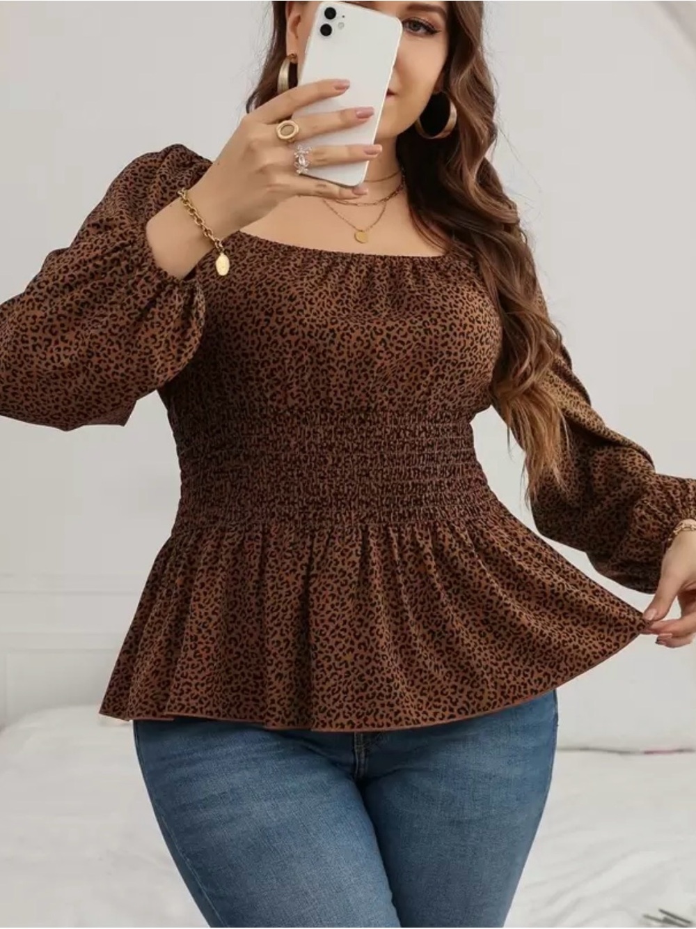 Brown Leopard Smocked Peplum Long Sleeve Top